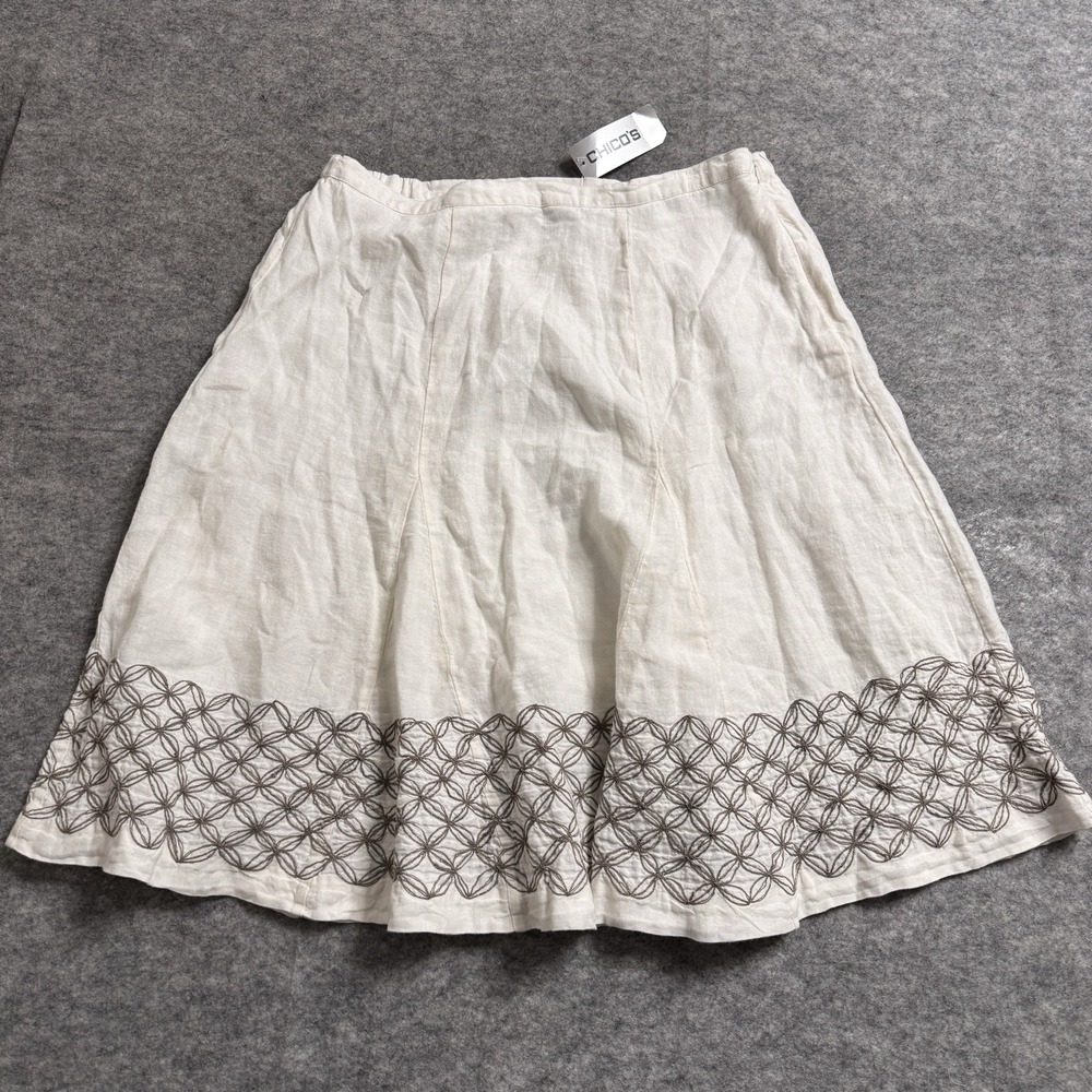 Chicos Linen Skirt Size XL 3 Ivory Embroidered A Line Resort Coastal NWT